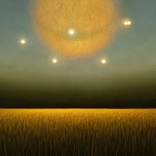 Prompt: sci-fi orbs flying above the fields of wheat, by Scott Listfield, digital painting, hyper realistic