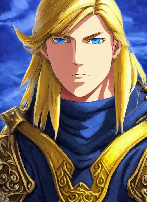 Prompt: portrait of anduin wrynn from wow, studio ghibli epic character with beautiful blue eyes, very beautiful detailed symmetrical face, blonde hair, bright colors, diffuse light, dramatic landscape, fantasy illustration