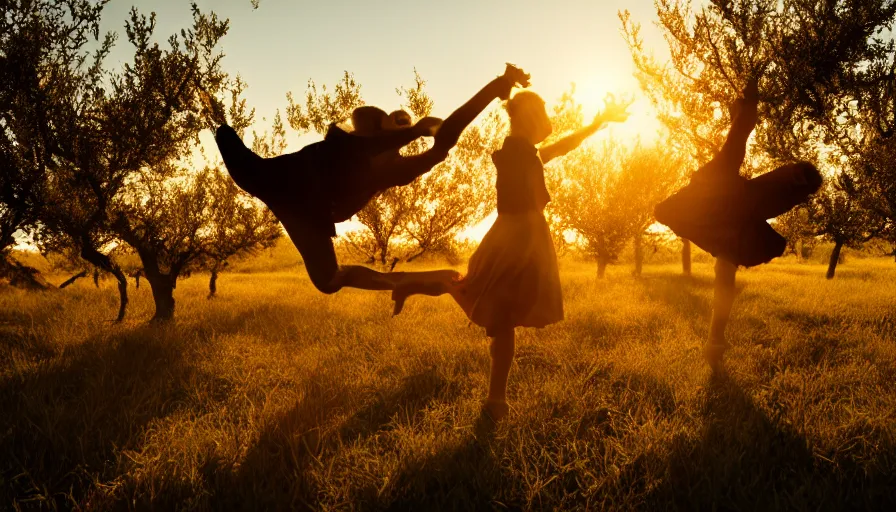 Image similar to dancing in a field of ripe peach trees, photo, cinematic lighting, cinematic still, golden hour