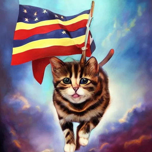 Image similar to a hyper real comic book style portrait painting in which a small cat holding a flag is riding a large fluffy cat on noble quests and into battle where backgrounds are wild and interesting with fascinating skies and epic terrain