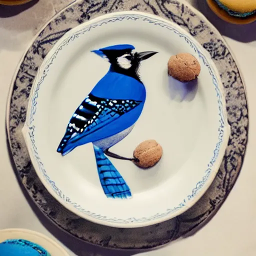 Prompt: photo of blue jay standing in a plate filled with blue macaroons