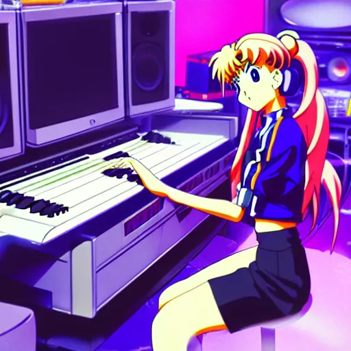 Image similar to An anime character working in their music studio. 90s anime, Sailor Moon, Neon Genesis, official art, flat cell shading, fantastic screenshot art, trending on artstation