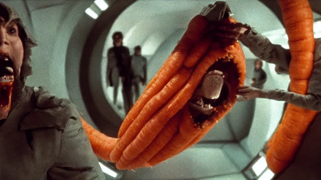 Image similar to giant monster made of carrots and sharp teeth eating people, star trek, film still from a movie directed by Denis Villeneuve with art direction by Salvador Dalí, wide lens