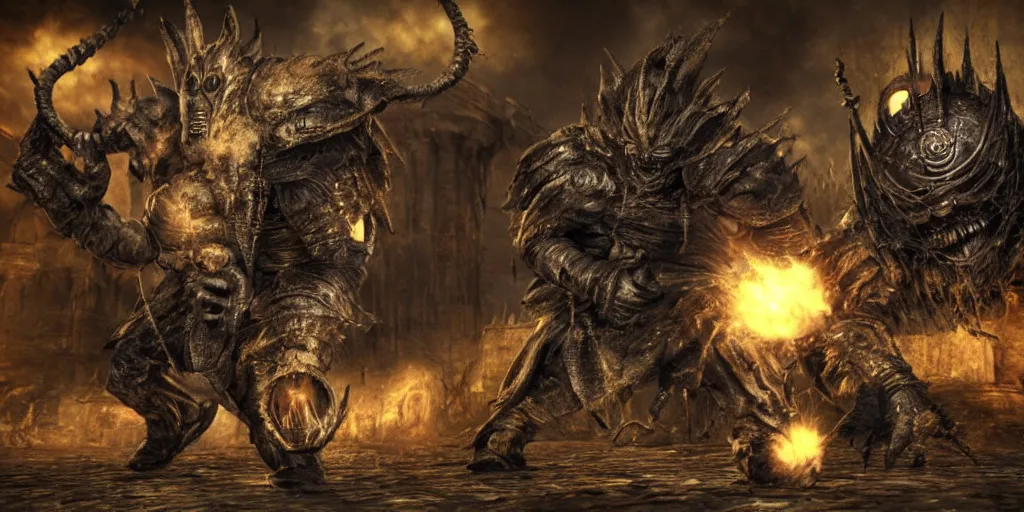 Image similar to minion as a darksouls boss, horror, hd, screenshot,