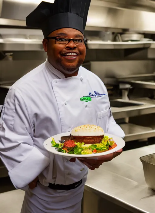 Image similar to portrait photo still of real life school chef jerome mcelroy fat with chef hat in school cafeteria holding a ladel, 8 k, 8 5 mm, f. 1 4