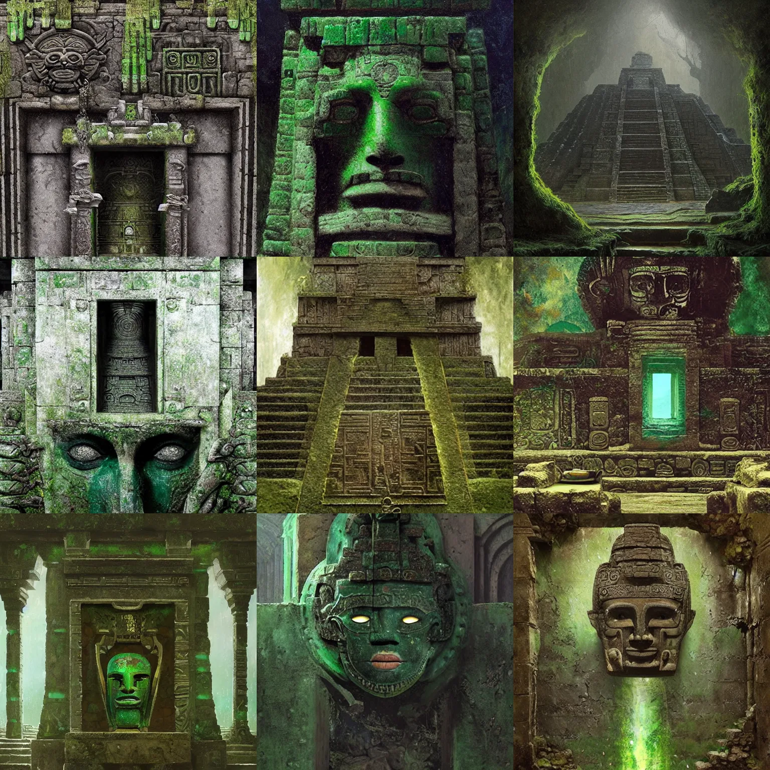 Prompt: emerald mask on a pedestal inside a forgotten mayan temple, dark, stone and moss, painting by greg rutkowski