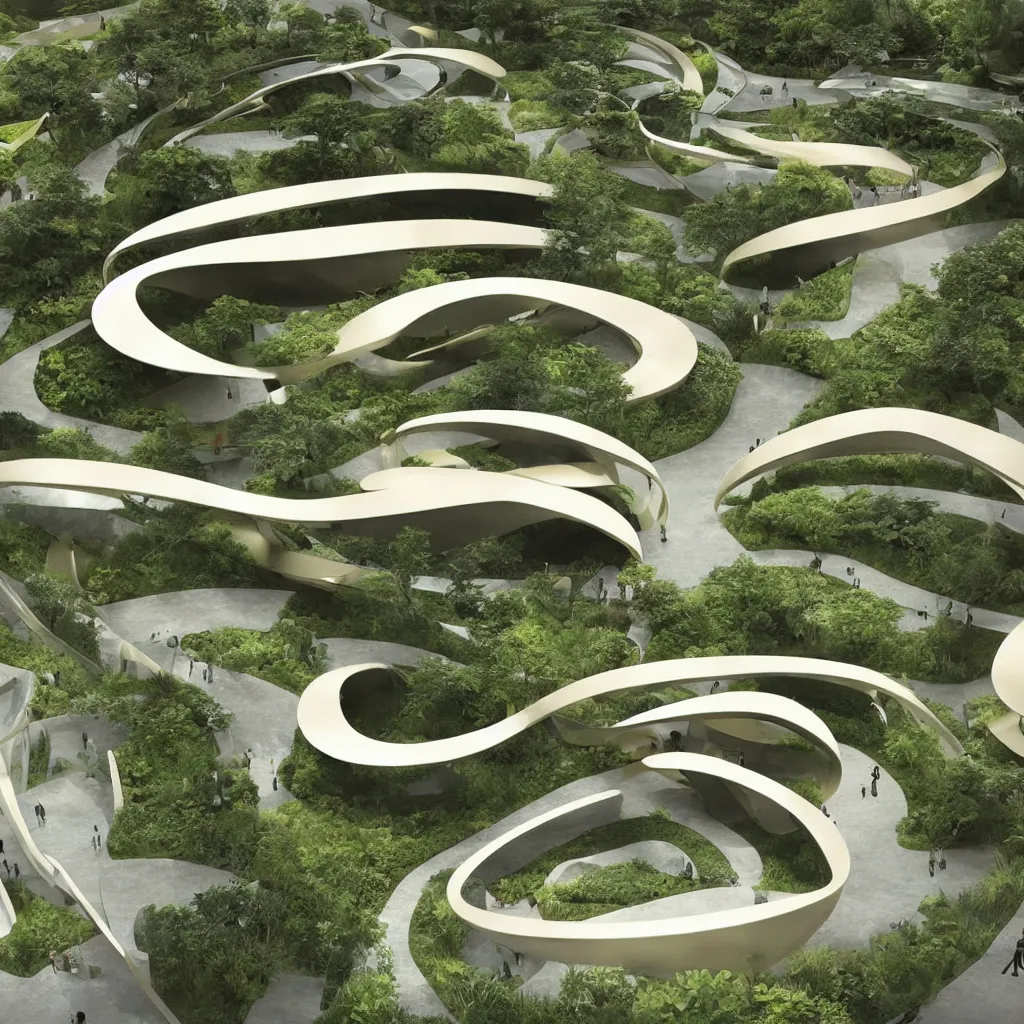 Image similar to “ an incredibly smooth curvilinear architectural immersive physical sculpture, unfolding continuous golden surfaces enclose a visually satisfying garden designed by zaha hadid, architecture render ”