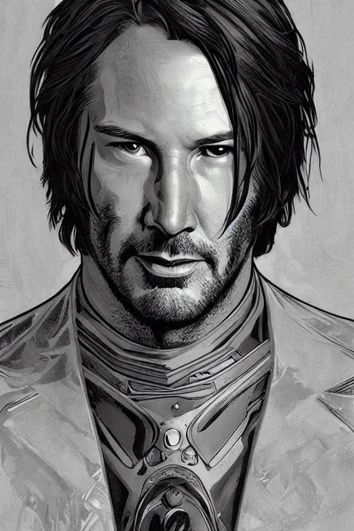 Image similar to comic book illustration, portrait of keanu reeves done as a louise nevelson sculpture, cyberpunk concept art by artgerm and Alphonse Mucha and Moebius, highly detailed, intricate, sci-fi, sharp focus, Trending on Artstation HQ, deviantart