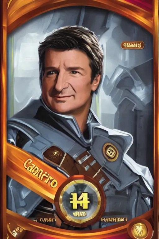 Image similar to card game of nathan fillion, full - view, futuristic, nft