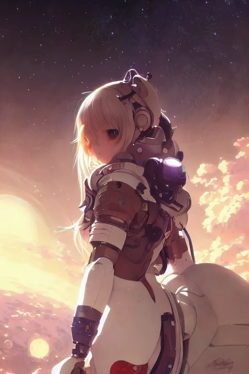 Prompt: an anime girl in a spacesuit in awe at the beauty of the universe, intricate, space, stunning, highly detailed, digital painting, artstation, smooth, hard focus, illustration, art by artgerm and greg rutkowski and alphonse mucha