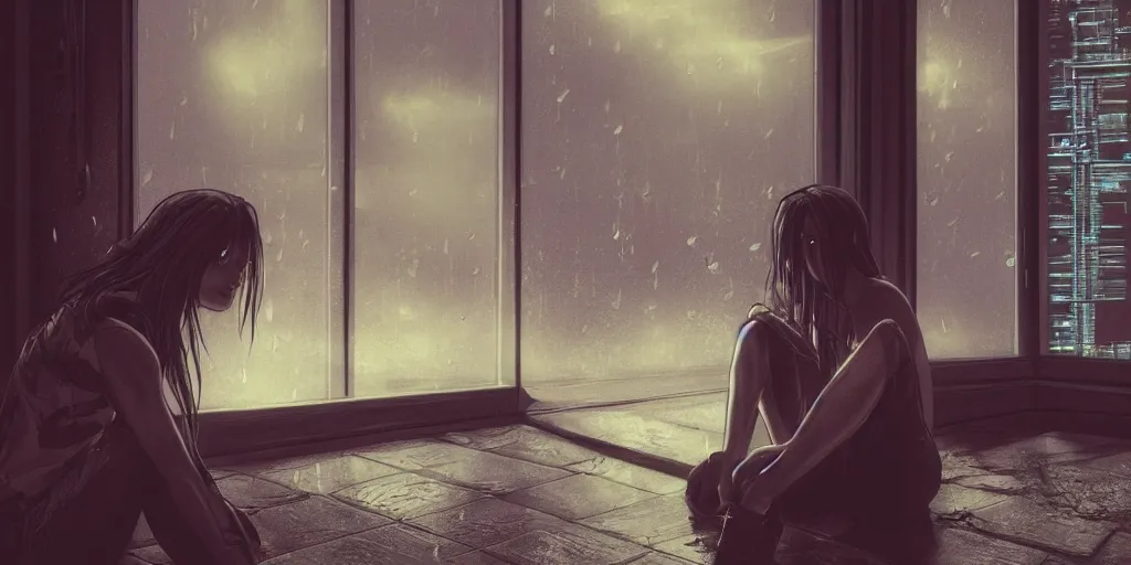 Prompt: sad girl sitting by the window, cyberpunk, accurate features, focus, very intricate ultrafine details, masterpiece, 8 k hd, realistic shaded lighting, detailed render, detailed backgrounds, epic composition, soft neon lights, rain