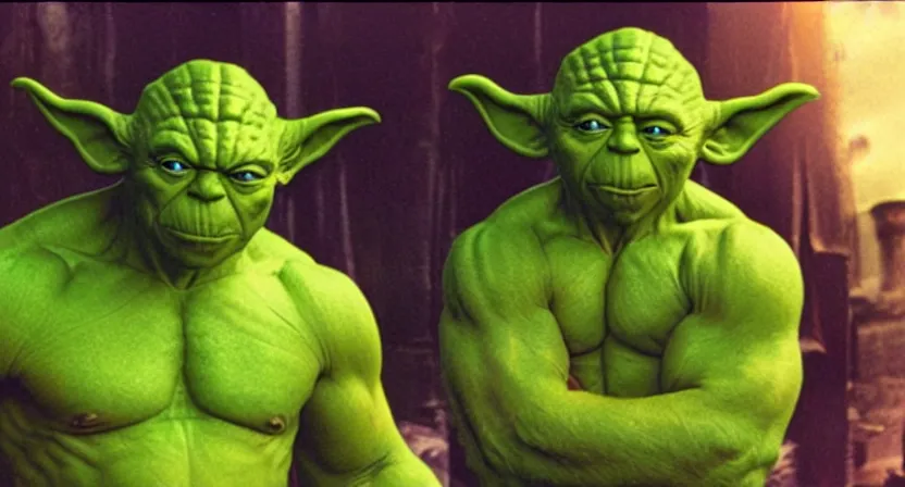 Image similar to a mix between Hulk and yoda, shot on technicolor cinemascope