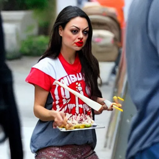 Prompt: mila kunis eating a hot dog with chopsticks, mixed with party clowns