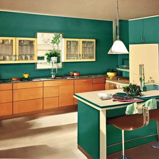 Prompt: a smart home kitchen in 1 9 7 4 color