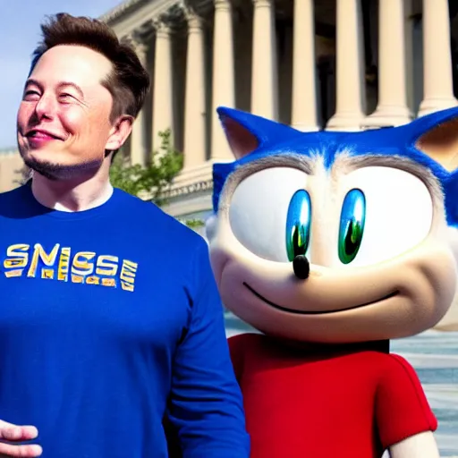 Image similar to Elon Musk shakes hands with Sonic the Hedgehog in front of the capital building. Photographic quality.