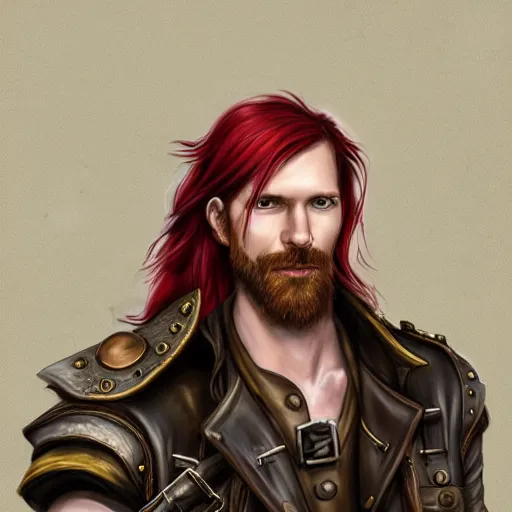 Image similar to portrait of a rugged!!!! male captain with long red hair!!!!!!, upper body, flowing hair, ethereal, handsome, leather coat, Steampunk zeppelin!!!!!!!, D&D, fantasy, simple clothing!!!!, elegant, highly detailed, digital painting, deviantart, artstation, concept art, sharp focus, illustration, art by Artgerm and Greg Rutkowski and Alphonse Mucha