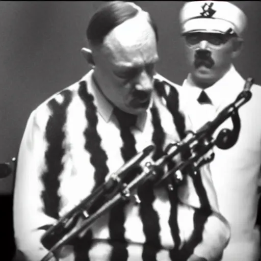 Prompt: A still of Hitler performing in a 1970s funk band