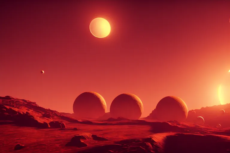 Image similar to a desert world planet with a crashed spaceship. 3 moons in the sky. hyper-realistic photo artistic trending on artstation beautiful scenic octane render reddish hue highly detailed, 8k, epic composition