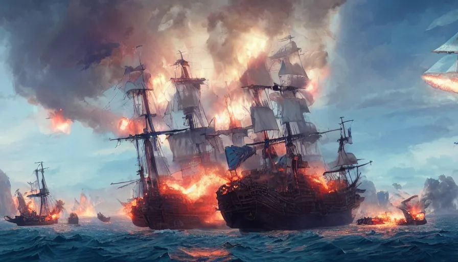 Image similar to A highly detailed matte painting of huge pirate ship battle with fire, smokes and explosions by Studio Ghibli, Makoto Shinkai, by Artgerm, by WLOP, by Greg Rutkowski, volumetric lighting, octane render, 4K resolution, trending on artstation, masterpiece