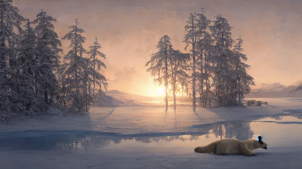 Image similar to the most beautiful panoramic landscape, oil painting, where a giant dreamy lake is frozen, a giant polar bear is exhaling steam while walking over the frozen lake, the frozen lake is reflecting the giant polar bear and the ray lights of the sunrise are brightening him, by greg rutkowski