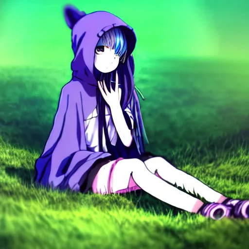 Prompt: A cute young real life 3D anime girl with long blueish lavender hair, wearing a black reaper hood with shorts, a bloody scythe is laying next to her foot, sitting with her knees up in a large grassy green field, shining golden hour, extremely cute anime girl face, she is happy, childlike, little kid, Haruhi Suzumiya, Umineko, Lucky Star, K-On, Kyoto Animation, long stockings with little skull images on them