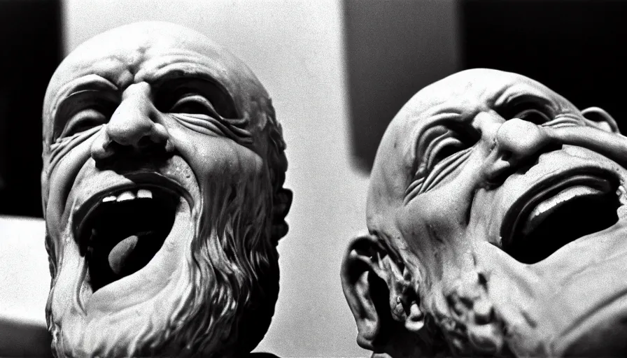 Prompt: 1 9 6 0 s movie still close - up of chrysippus of solis laughing to death on the floor vomiting blood in a neoclassical marble room, cinestill 8 0 0 t 3 5 mm b & w, high quality, heavy grain, high detail, texture, dramatic light, anamorphic, hyperrealistic, detailed beard