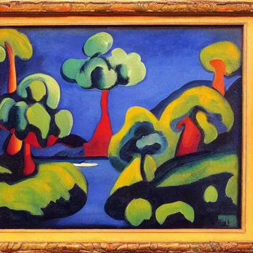 Image similar to painting of a lush natural scene on an alien planet by andre derain. beautiful landscape. weird vegetation. cliffs and water.