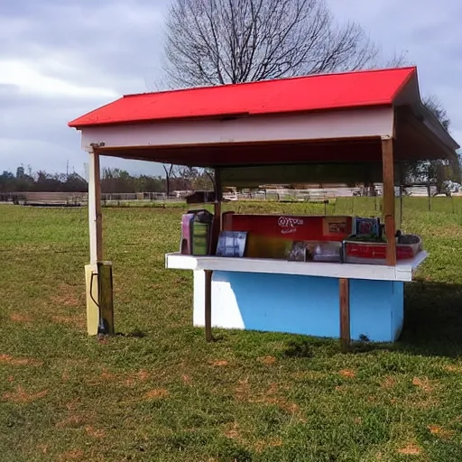 Prompt: a simple hotdog stand in the middle of a small school field, google maps photo
