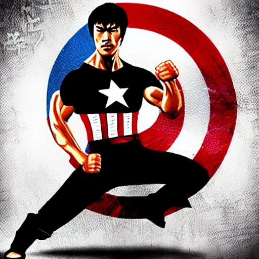 Prompt: Bruce Lee as Captain America realistic HD