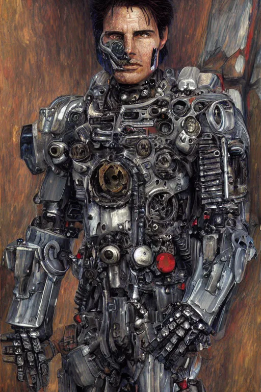 Image similar to portrait of demonic gothic Tom Cruise in mechanical power armor, cyberpunk, Warhammer, highly detailed, artstation, illustration, art by Gustav Klimt