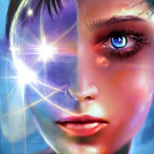 Prompt: sci - fi, morning, smiling fashion model face, sun, cinematic, clouds, sun rays, vogue cover style, poster art, blue mood, realistic painting, intricate oil painting, high detail illustration, manga and anime 1 9 9 9