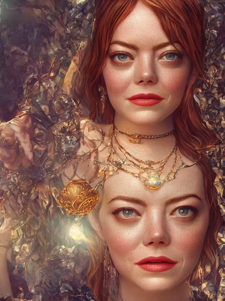 Prompt: close up portrait of emma stone as a beautiful female goddess with glowing necklace, stone courtyard background fantasy atmosphere, decolletage, confident pose, coherent, insane detail, concept art, character concept, cinematic lighting, global illumination radiating a glowing aura