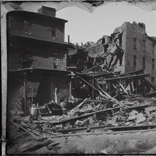 Image similar to tintype photograph of thriving village located in ruins of new york city, destroyed background city, small village, 2 0 9 0 s, crowds of people