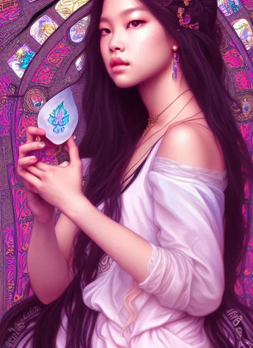Image similar to jennie of blackpink, queen, tarot card, highly detailed, digital painting, smooth, sharp focus, illustration, ultra realistic, unreal engine, 8 k, art by artgerm and alphonse mucha