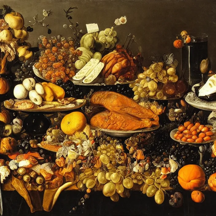 Image similar to victorian thanksgiving feast, fruit and vegetables, black background, vanitas, still life by giuseppe arcimboldo and pieter claesz, a flemish baroque by jan davidsz. de heem and jan van kessel the younger, dutch golden age, pinterest, rococo, hd, intricate high detail masterpiece