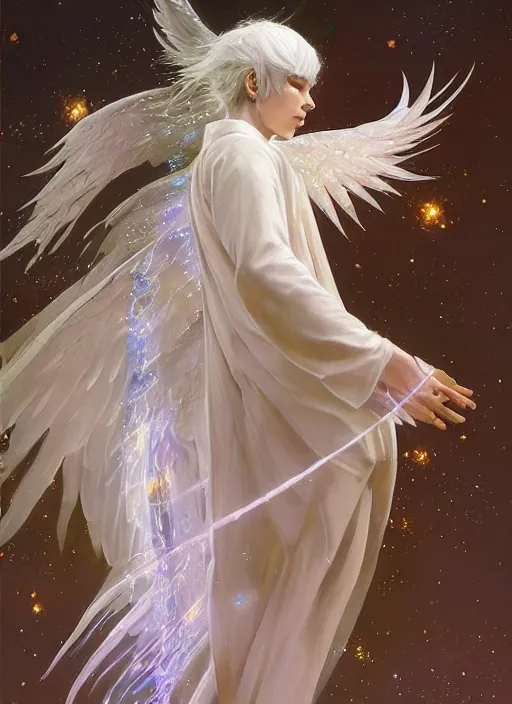 Image similar to harmony of white haired angel yoongi wearing greek clothes, muted colors, sparkles everywhere, big wings, dynamic hair movement, dynamic pose, holographic space, glowing effect, j. c leyendecker, by alan lee, wlop! illustrated by starember, fantasy art by craig mullins