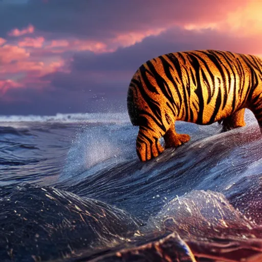 Image similar to a closeup photorealistic photograph of a cute smiling knitted tiger hippopotamus splashing in the waves at sunset. surf in background. professional capture. brightly lit scene. this 4 k hd image is trending on artstation, featured on behance, well - rendered, extra crisp, features intricate detail, epic composition and the style of unreal engine.