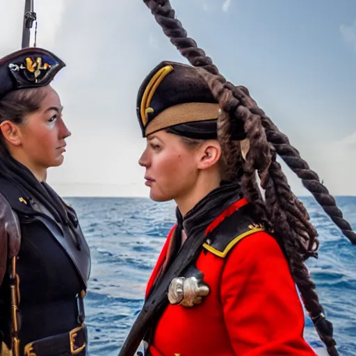 Image similar to interview with a female captain of the spanish pirates frigate, photo portrait, symmetry, awesome exposition, very detailed, highly accurate, professional lighting diffracted lightrays, 8 k, sense of awe