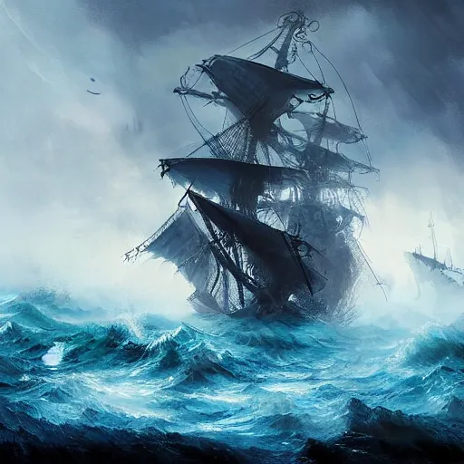 Image similar to ghostly pirate ship sailing on a raging sea, concept art, highly detailed, intricate, dark colour, tense atmosphere, night sky full of star