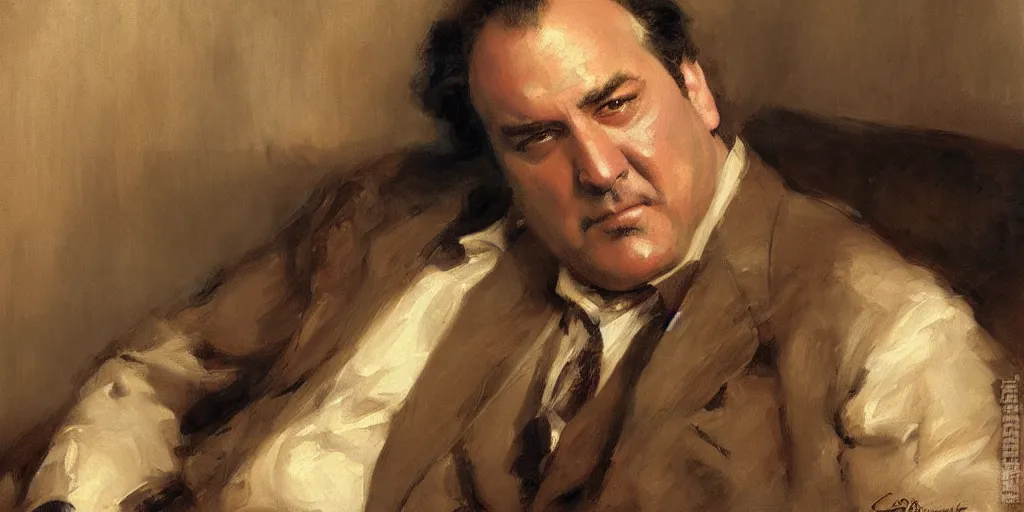 Prompt: tony soprano, portrait, painting by gaston bussiere, craig mullins, j. c. leyendecker