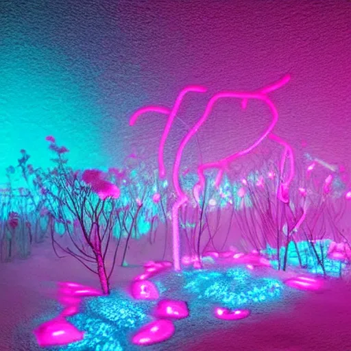 Prompt: neon fungi glowing with pink and cyan colors, emitting spores, midnight, fantasy, hyperrealistic, detailed, soft lighting, fireflies