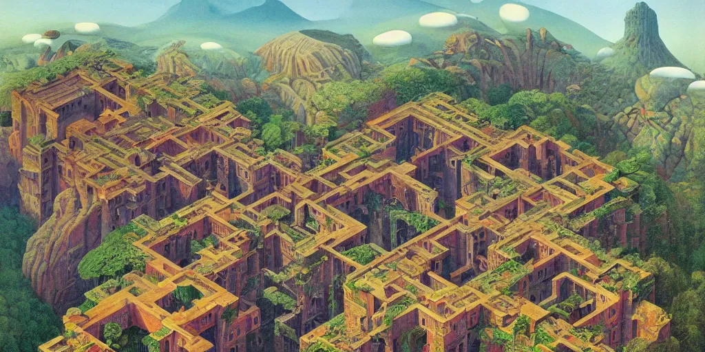 Prompt: isometric perspective, labyrinthine dilapidated prison architecture by mc escher, piranesi and mandelbrot, ricardo bofill. utopian landscape by roger dean. magical realism, colourful warm colours, surrealism, waterfalls, trending on artstation, shot from below,