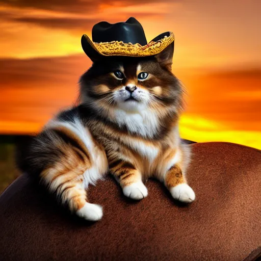 Image similar to siberian cat in a cowboy hat riding a corgi, wild west, sunset