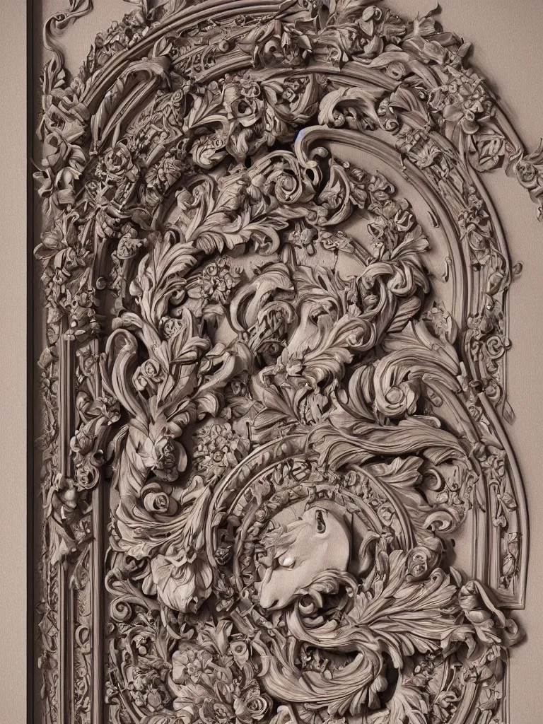 Prompt: beautiful decorative classical ornamental door emblem featuring a spirit goat, fibonacci rhythms, roses, lilies, rose petals, lily petals, acanthus scrolls, highly detailed etching, gemini, bilaterally symmetrical, small medium and large elements, rendered in octane, 3 d render