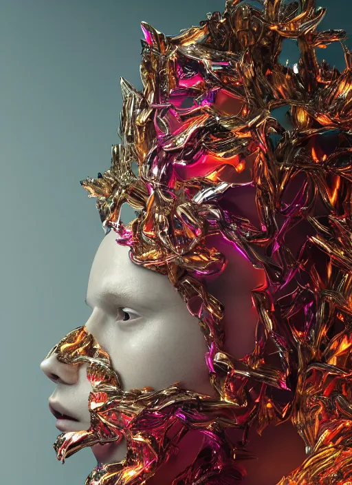 Image similar to hyper detailed ultra sharp portrait of baroque and bladerunner delicate neon ruby sculpture of seductive albino primce royce tigers orange iridescent humanoid deity wearing metallic hoody made out of leaves holding the sun prismatic dungeon, glowing rainbow face, crown of white diamonds, cinematic lighting, photorealistic, octane render 8 k depth of field 3 d