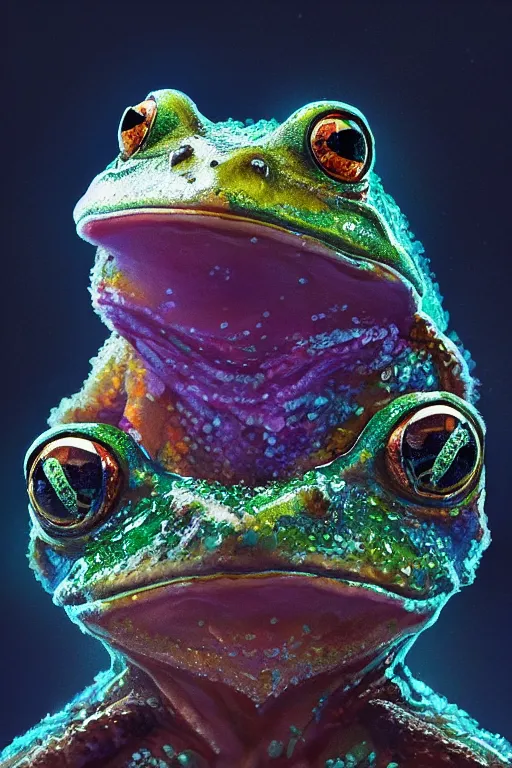 Image similar to A fancy portrait of a crystalized frog by Greg Rutkowski, beeple, Sung Choi, Mitchell Mohrhauser, Maciej Kuciara, Johnson Ting, Maxim Verehin, Peter Konig, final fantasy, macro lens , 8k photorealistic, cinematic lighting, HD, high details, dramatic, dark atmosphere, trending on artstation