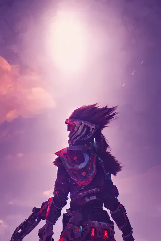 Image similar to combination suit armor aloy horizon forbidden west horizon zero dawn radiating a glowing aura global illumination ray tracing hdr fanart arstation by ian pesty and alena aenami artworks in 4 k tribal robot ninja mask helmet backpack