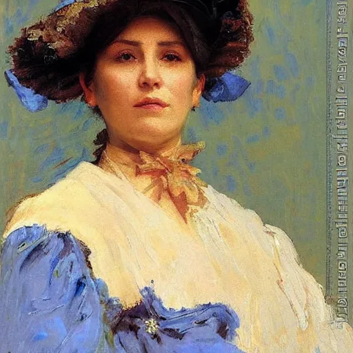 Image similar to Portrait of a stern looking affluent woman, photorealistic, general facial details, wearing a blue bonnet, by Ilya Repin