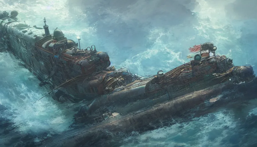 Image similar to craig mullins and ghibli digital illustration of a long train dragon in deep ocean unreal engine, hyper realism, realistic shading, cinematic composition, realistic render, octane render, detailed textures, photorealistic, wide shot