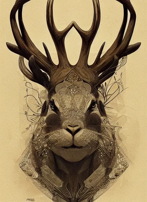 Image similar to Geometric Rabbit with antlers, intricate, elegant, highly detailed, digital painting, artstation, concept art, smooth, sharp focus, illustration, art by artgerm and greg rutkowski and alphonse mucha